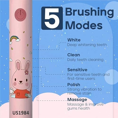 US1984 Sonic Electric Toothbrush for Adults with 5 Modes, 3 Brush Heads & Rechargeable, Last up to 30 Days, Ultra Soft Nylon Bristles, IPX7 Waterproof, Kids Power Toothbrush (Pink) - Image 2