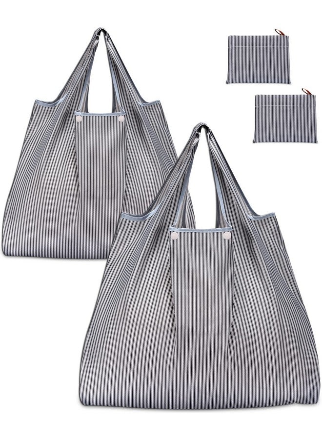 KINGMAS Reusable Grocery Bags, Eco-Friendly Folding Tote Shopping Bag fits in Pocket, Washable Waterproof Nylon Pouch Bags (2 Pack (Grey Stripe)) - Image 1