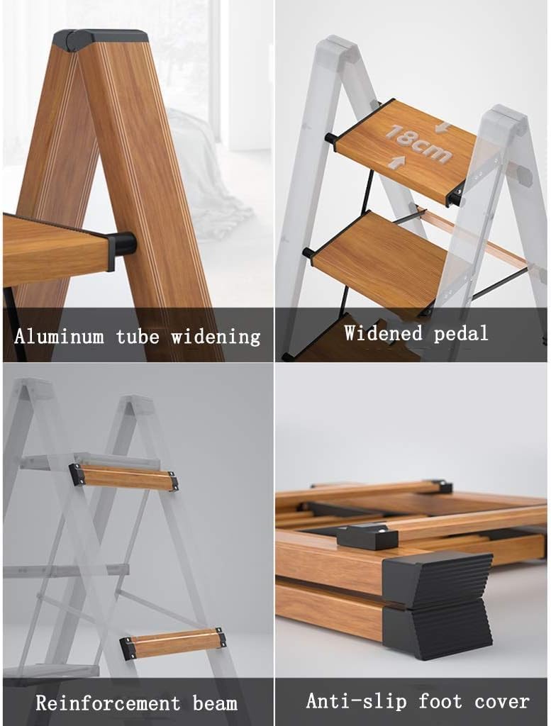 3 Step Folding Ladder – Lightweight Aluminum with Wood Grain Look – Wide Anti-Slip Steps, 300kg Heavy Duty Capacity, Space Saving, Safe Step Stool for Kids & Adults, Indoor & Kitchen Use - Image 4