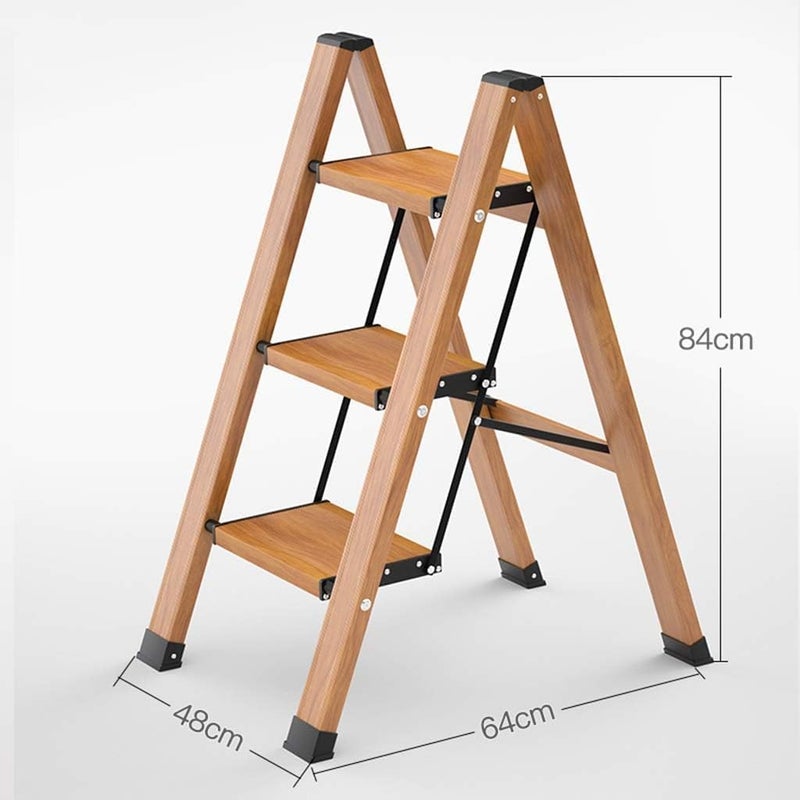 3 Step Folding Ladder – Lightweight Aluminum with Wood Grain Look – Wide Anti-Slip Steps, 300kg Heavy Duty Capacity, Space Saving, Safe Step Stool for Kids & Adults, Indoor & Kitchen Use - Image 1
