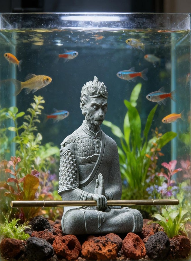 livelyfish Aquarium Sun Wukong Statue Monkey Kings Buddha Statues Zen Sandstone Figurines for Fish Tank Garden Aquarium Decor (Grey) - Image 2