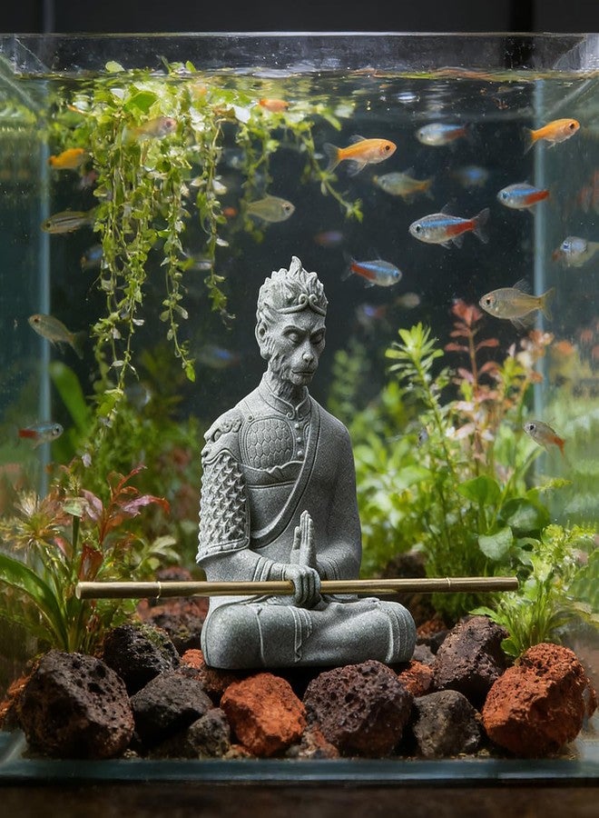 livelyfish Aquarium Sun Wukong Statue Monkey Kings Buddha Statues Zen Sandstone Figurines for Fish Tank Garden Aquarium Decor (Grey) - Image 5