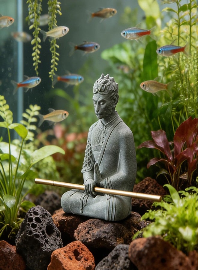 livelyfish Aquarium Sun Wukong Statue Monkey Kings Buddha Statues Zen Sandstone Figurines for Fish Tank Garden Aquarium Decor (Grey) - Image 3