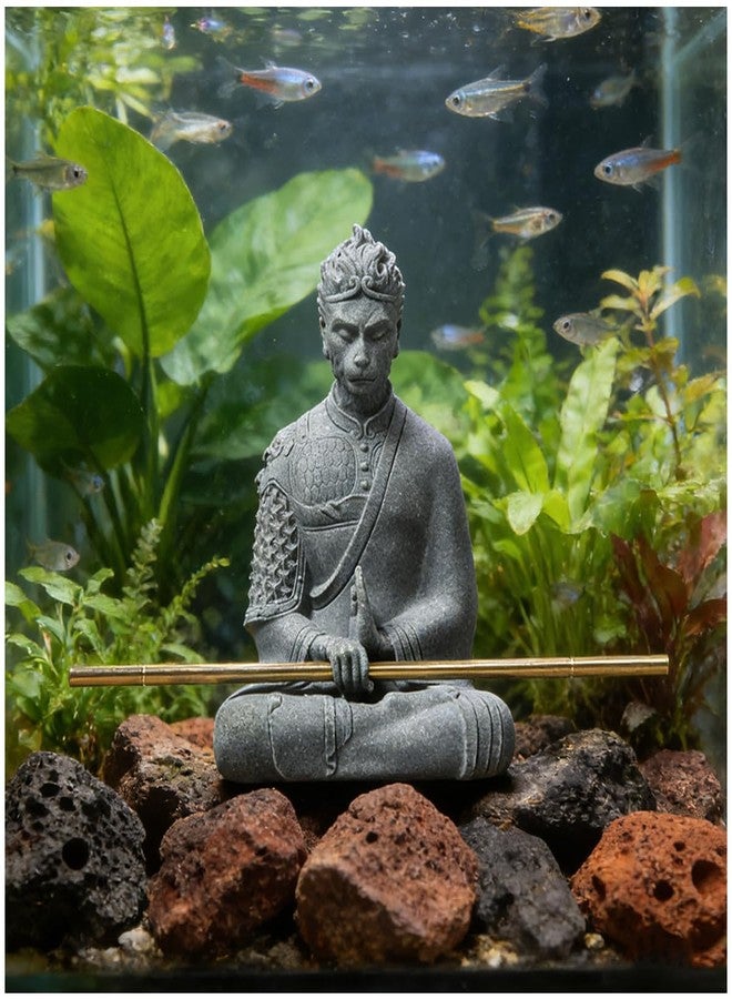 livelyfish Aquarium Sun Wukong Statue Monkey Kings Buddha Statues Zen Sandstone Figurines for Fish Tank Garden Aquarium Decor (Grey) - Image 1