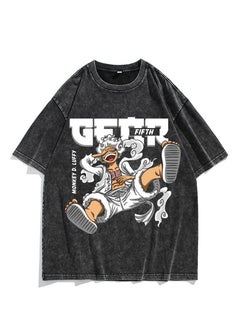 Washed retro T-shirt street hip hop anime One Piece Luffy Nika form casual cotton summer short sleeves