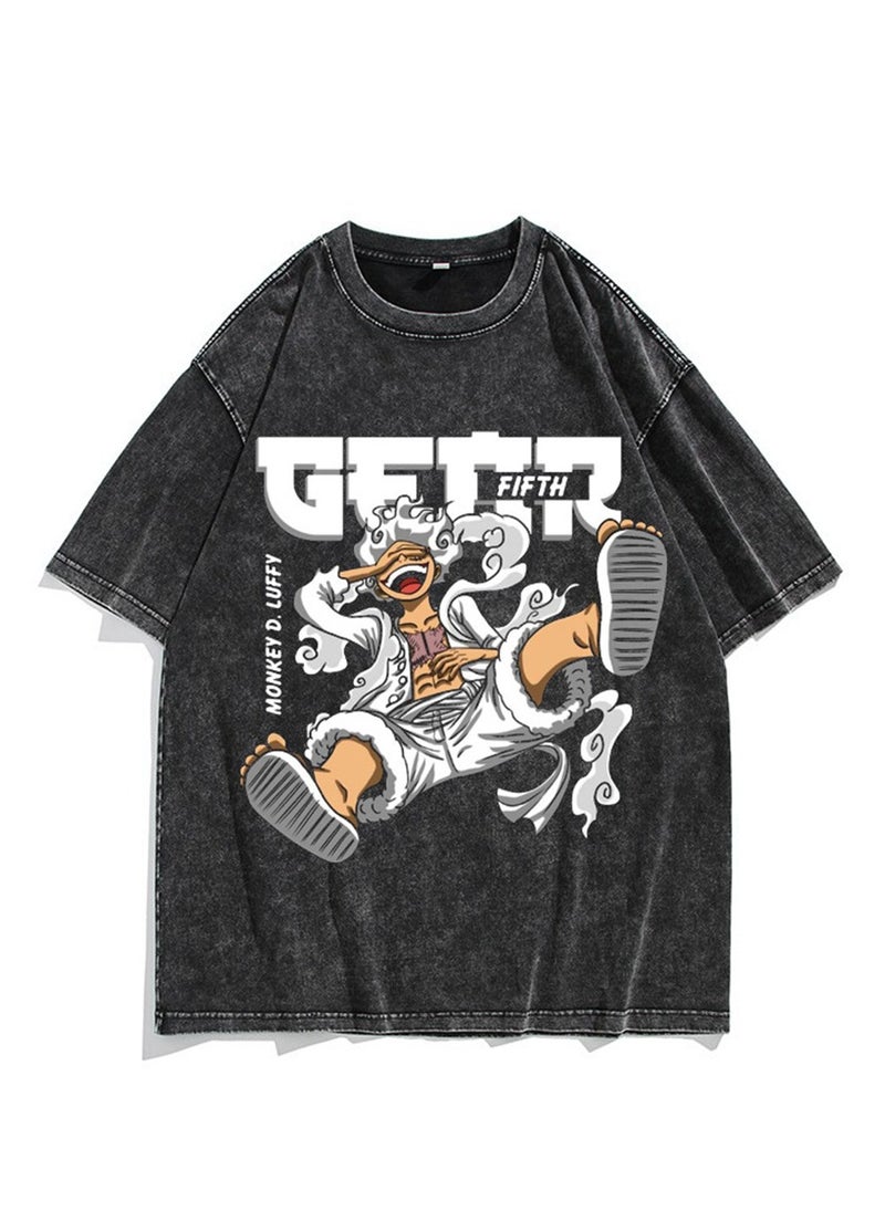 Generic - Washed retro T-shirt street hip hop anime One Piece Luffy Nika form casual cotton summer short sleeves - Image 1