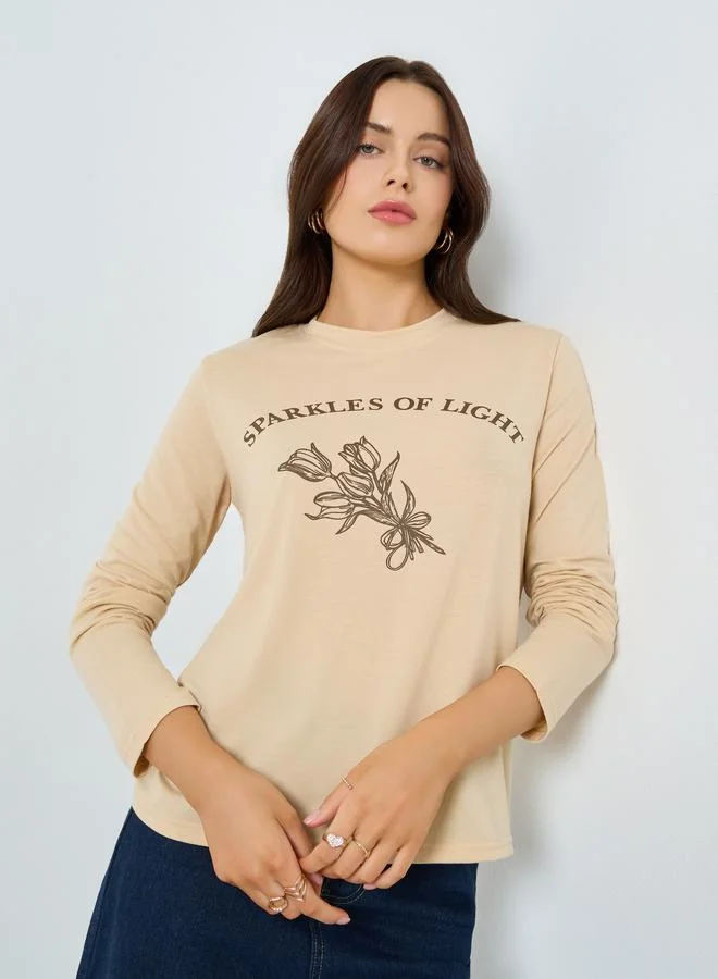 Styli Beige Graphic Print Long Sleeve T-Shirt