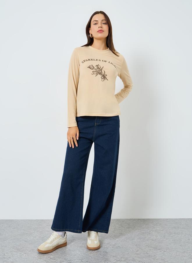 Styli Beige Graphic Print Long Sleeve T-Shirt - Image 2