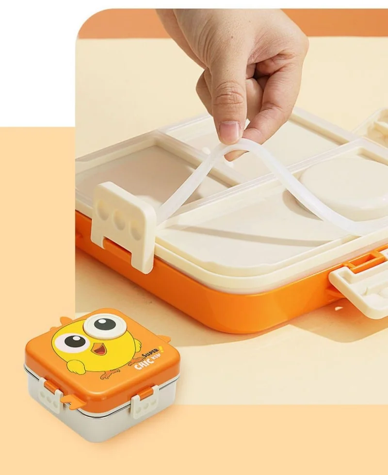 موبكوس علبة غداء سوبر بيردي كارنفال بثلاث طبقات من الستانلس ستيل مع صينية قابلة للفصل ووعاء صغير وملعقة للأطفال خالية من البيسفينول بسعة  مل +  مل - برتقالي