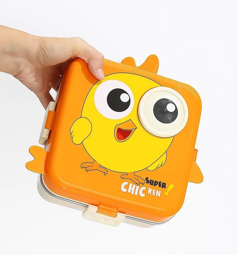 Mobcos Carnival Super Birdy Lunch Box 3 Layer Stainless Steel Lunch Box Comes with 1 Detachable Tray, 1 Small Container & 1 Spoon Ideal for Kids BPA Free 1120ml+70ml - Orange - Image 1