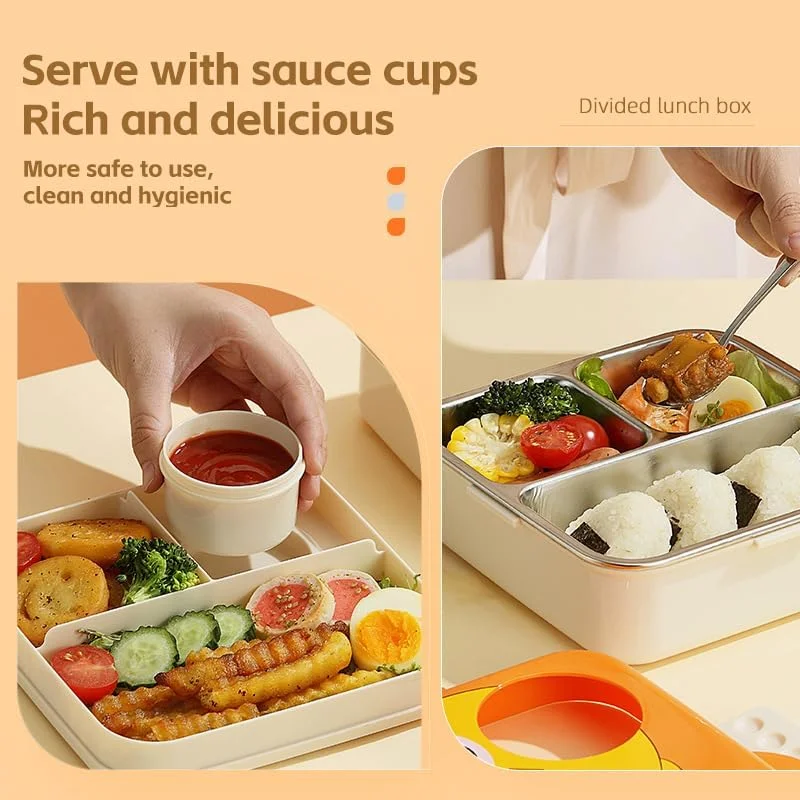 Mobcos Carnival Super Birdy Lunch Box 3 Layer Stainless Steel Lunch Box Comes with 1 Detachable Tray, 1 Small Container &amp; 1 Spoon Ideal for Kids BPA Free 1120ml+70ml - Orange