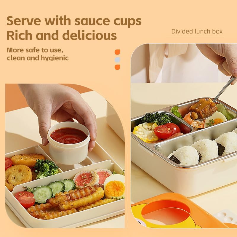 Mobcos Carnival Super Birdy Lunch Box 3 Layer Stainless Steel Lunch Box Comes with 1 Detachable Tray, 1 Small Container & 1 Spoon Ideal for Kids BPA Free 1120ml+70ml - Orange - Image 5