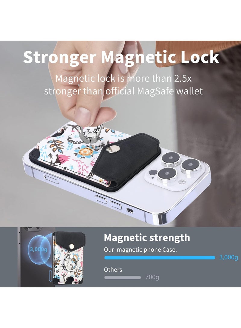 SYOSI Magnetic Phone Card Wallet Holder, for MagSafe Wallet with Ring for iPhone 15/14/13/12 Series, Strong Magnetic Card Holder Flowers Wallet Fit 5 Cards Sleeve Pocket Floral Black - Image 5