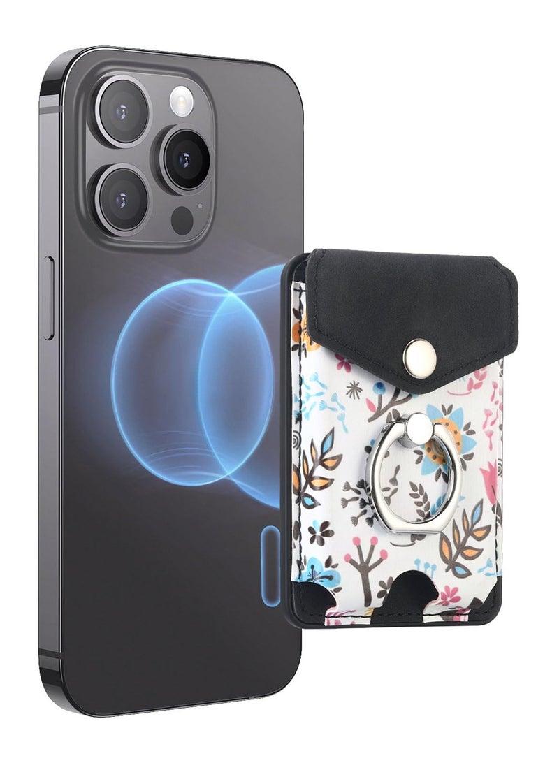 SYOSI Magnetic Phone Card Wallet Holder, for MagSafe Wallet with Ring for iPhone 15/14/13/12 Series, Strong Magnetic Card Holder Flowers Wallet Fit 5 Cards Sleeve Pocket Floral Black - Image 1