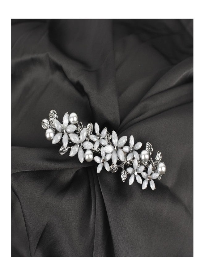 HQTS Barrettes for Women,with Flower bloom appearance,embedded Rhinestone and imitation Pearls as Decoration,elegant and retro Hair clip.light grey - Image 1