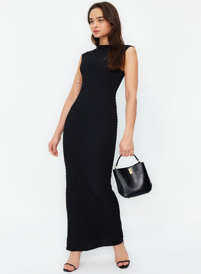 trendyol Black Textured Fabric Fitted Moon Sleeve Knitted Stretchy Midi Pencil Dress - Image 2