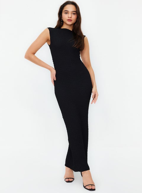 Black Textured Fabric Fitted Moon Sleeve Knitted Stretchy Midi Pencil Dress