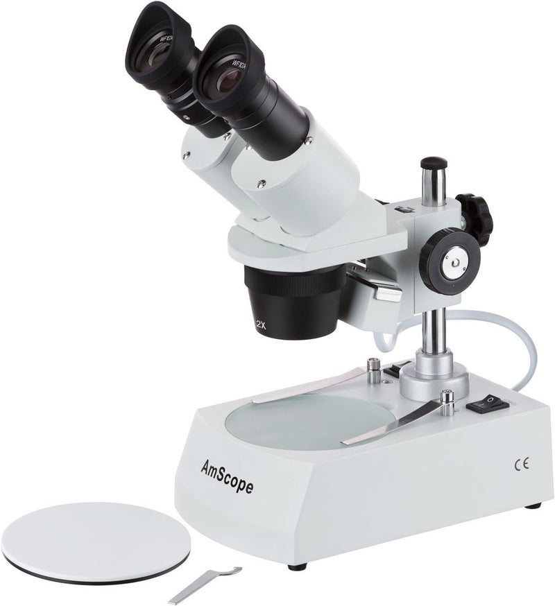 AmScope AmScope SE306RP ForwardMounted Binocular Stereo Microscope WF10x Eyepieces 20X and 40X Magnification 2X and 4X Objectives Upper and Lower Halogen Lighting Reversible BlackWhite Stage Plate Pillar Stand 120V  - Image 1