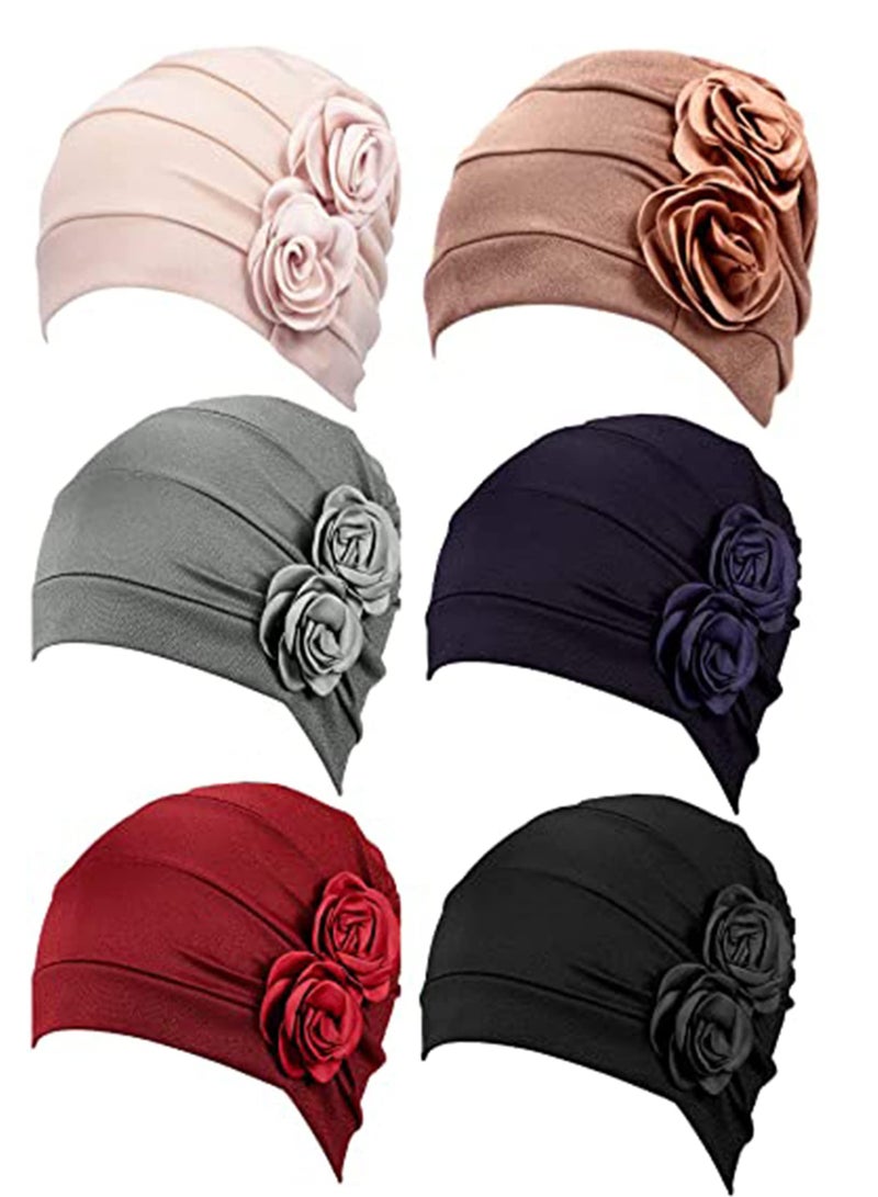 6 قطع قبعات نسائية من التوربان مع زهور، قبعة رأس عتيقة مرنة، غطاء رأس مرن، قبعات غطاء رأس عتيقة للنساء - Image 1
