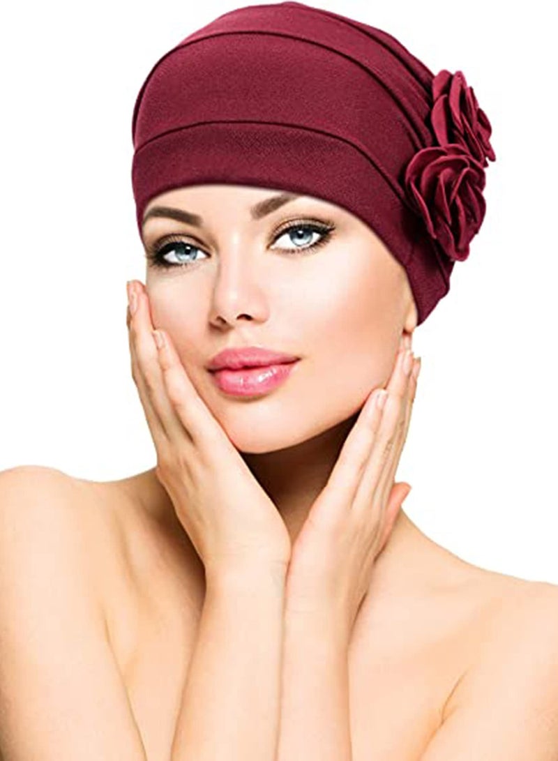 6 قطع قبعات نسائية من التوربان مع زهور، قبعة رأس عتيقة مرنة، غطاء رأس مرن، قبعات غطاء رأس عتيقة للنساء - Image 2