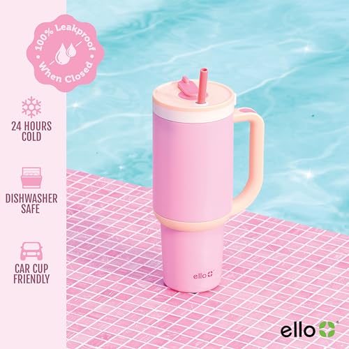 Ello Oasis 30 oz Tumbler with Handle & Retracting Straw | Reusable Insulated Stainless Steel Cup 100% Leakproof, Gifts for Teens Women Men | Keeps cold for 24 Hours, Cup Holder Friendly, Sunrise Glow - Image 4