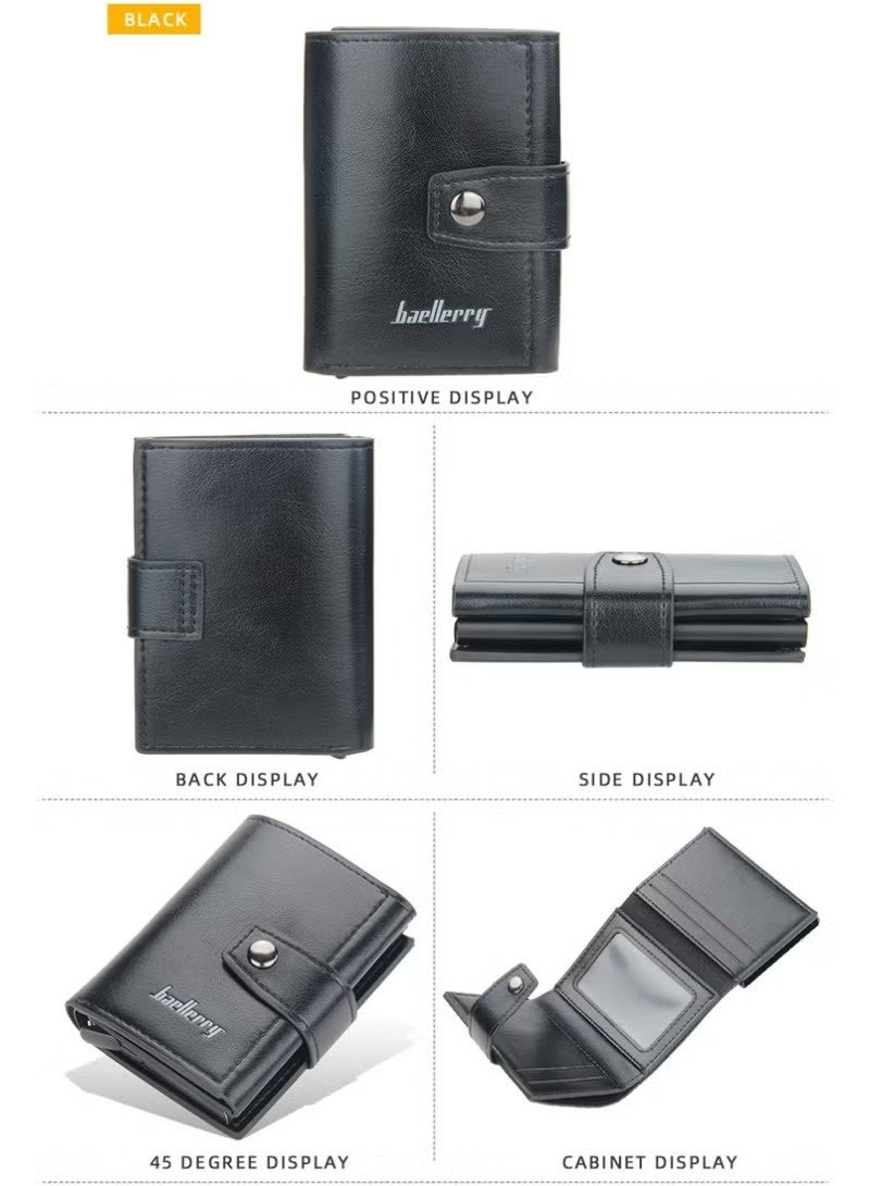 baellerry Leather Wallets for Men, Slim Minimalist Wallet Credit Card Holder Wallet Pop Up Design, RFID Blocking Metal Bank Card Case with Coins Pocket, ID Window, Hold up to 8 Cards, Button Lock, Black - Image 3