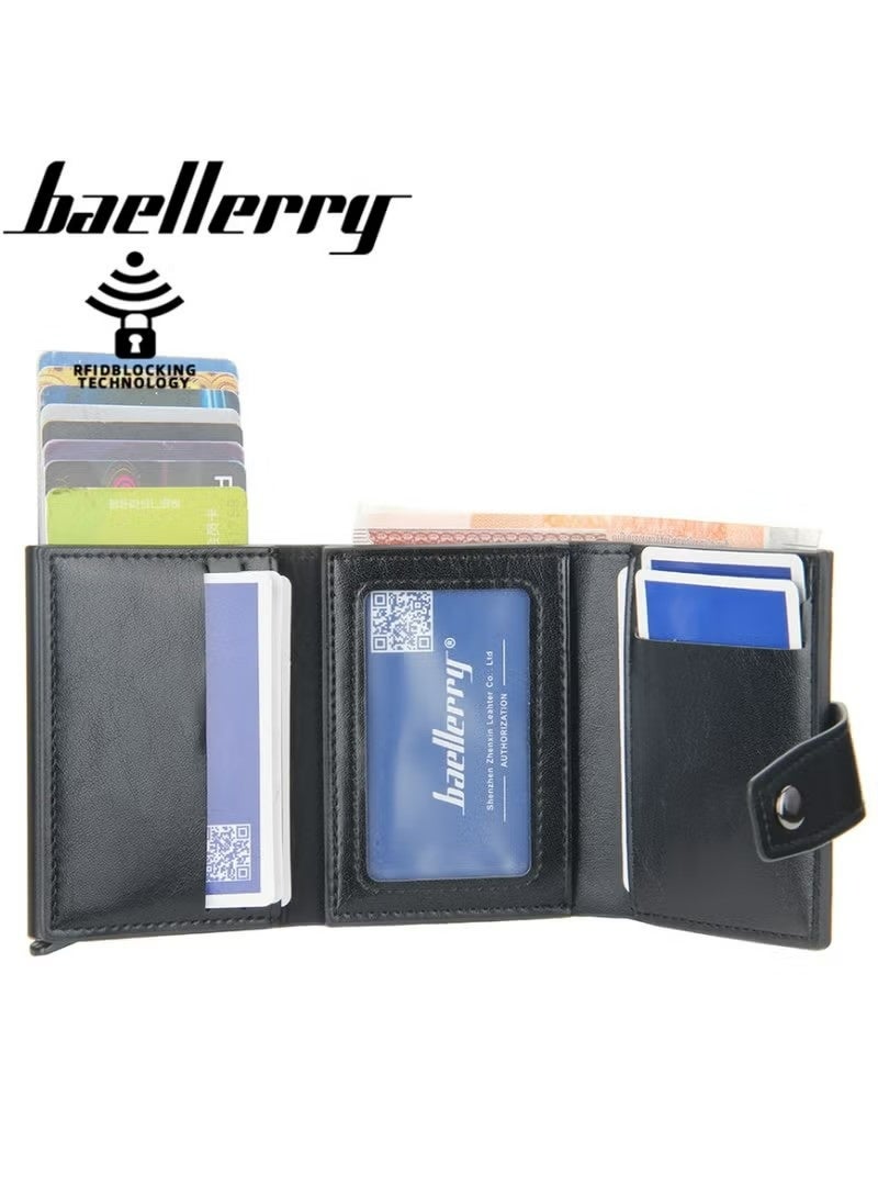 baellerry Leather Wallets for Men, Slim Minimalist Wallet Credit Card Holder Wallet Pop Up Design, RFID Blocking Metal Bank Card Case with Coins Pocket, ID Window, Hold up to 8 Cards, Button Lock, Black - Image 4