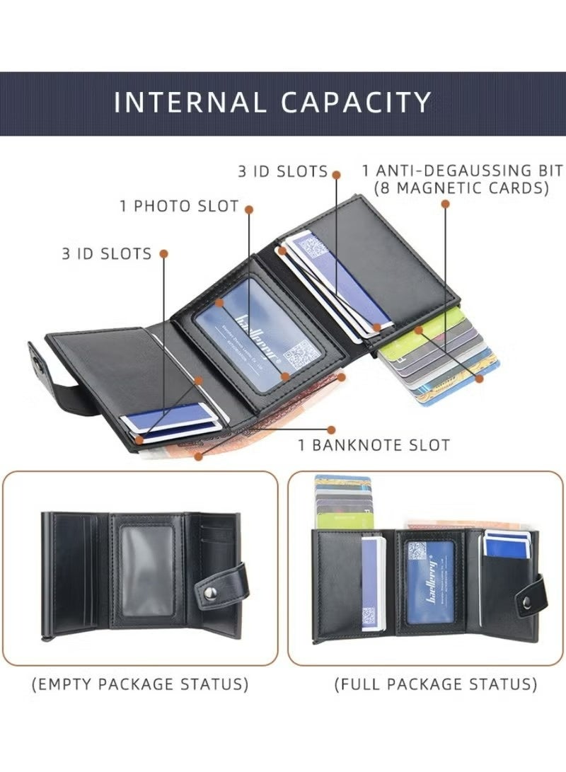 baellerry Leather Wallets for Men, Slim Minimalist Wallet Credit Card Holder Wallet Pop Up Design, RFID Blocking Metal Bank Card Case with Coins Pocket, ID Window, Hold up to 8 Cards, Button Lock, Black - Image 5