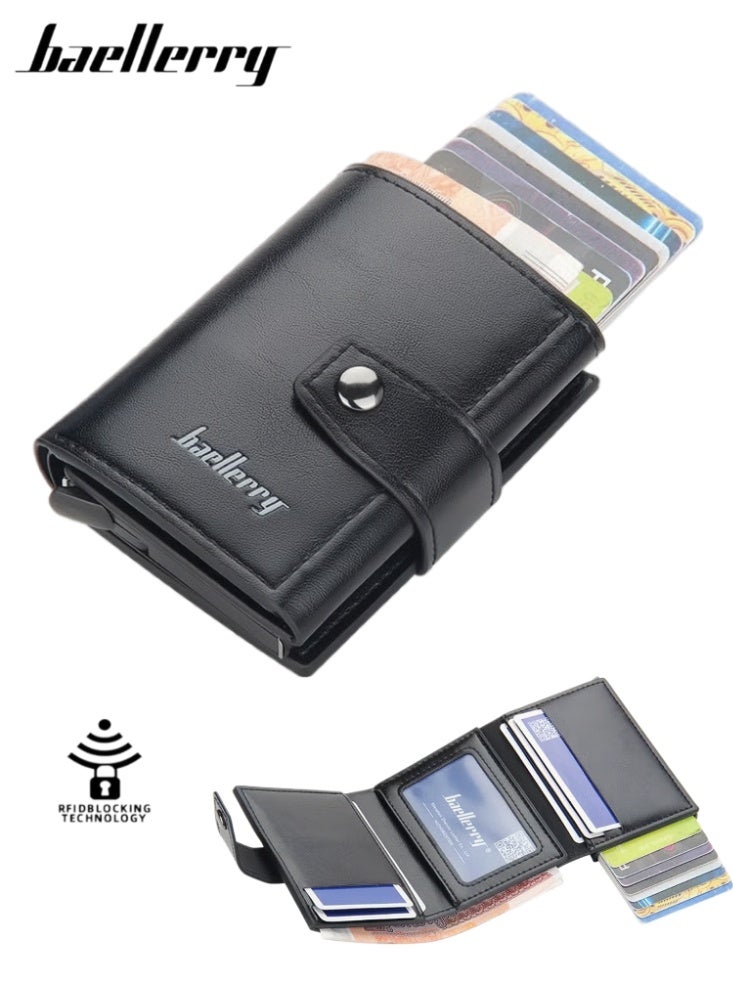 baellerry Leather Wallets for Men, Slim Minimalist Wallet Credit Card Holder Wallet Pop Up Design, RFID Blocking Metal Bank Card Case with Coins Pocket, ID Window, Hold up to 8 Cards, Button Lock, Black - Image 1