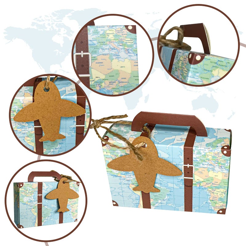 CHolic 50Pcs Party Favor Candy Box, World Map Mini Suitcase Favor Box, Vintage Kraft Paper with Tags and Burlap Twine for Travel Themed Party, Bridal Shower, Wedding Decorations - Image 4