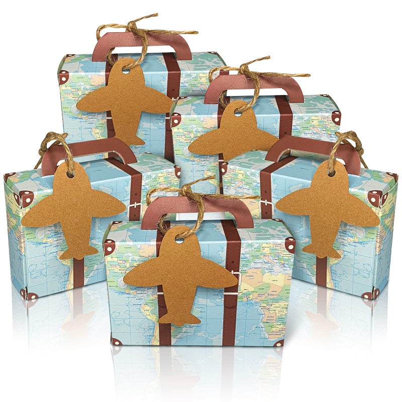 CHolic 50Pcs Party Favor Candy Box, World Map Mini Suitcase Favor Box, Vintage Kraft Paper with Tags and Burlap Twine for Travel Themed Party, Bridal Shower, Wedding Decorations - Image 1