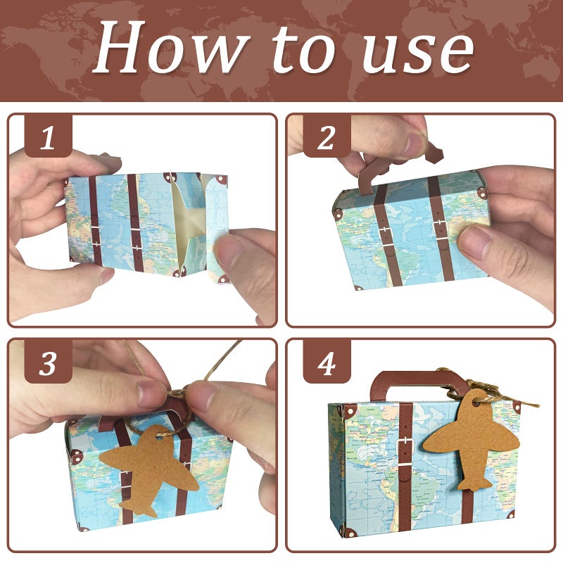 CHolic 50Pcs Party Favor Candy Box, World Map Mini Suitcase Favor Box, Vintage Kraft Paper with Tags and Burlap Twine for Travel Themed Party, Bridal Shower, Wedding Decorations - Image 3
