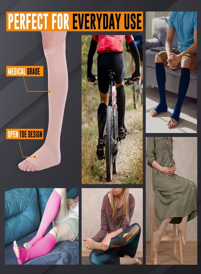 Doc Miller, Open Toe Compression Socks, 8-15 mmHg, Toeless, Support Circulation, Shin Splints, Calf Recovery, Varicose, Knee High, Medical Grade, Skin/Nude Socks, Medium Size for Men & Women, Pair - Image 2