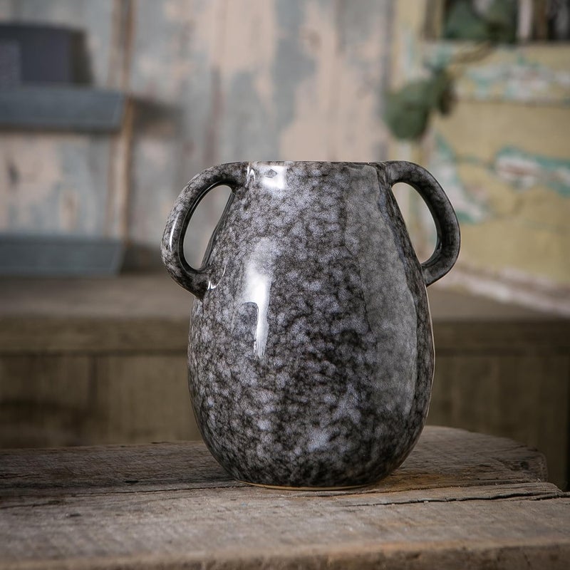 Tanvecle Black Ceramic Vase With 2 Handles - Modern Farmhouse, Rustic Terracotta, Decorative Pottery Flower - Clay Small Centerpiece for Dining Table - 7 Inch Tall - Image 4
