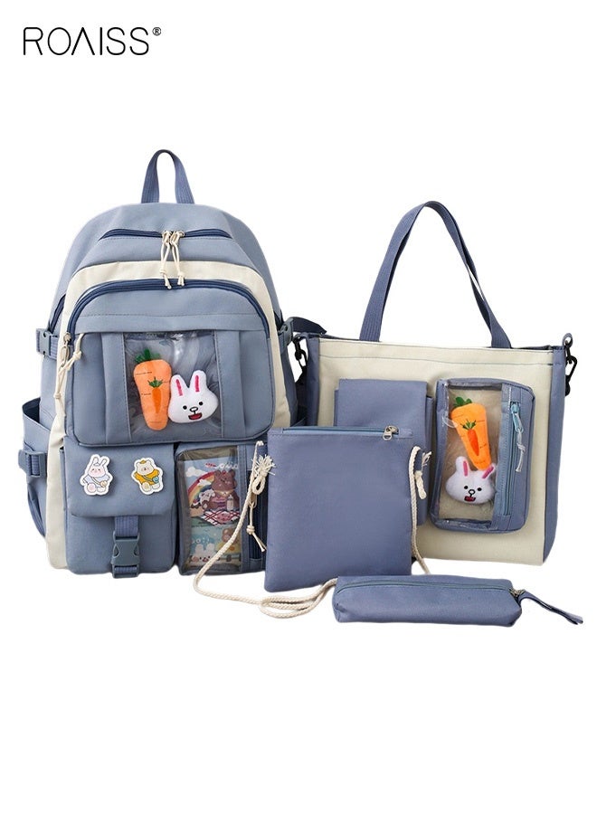 roaiss 4-Piece Set of Cute Backpack, Girl's Schoolbag for Elementary School Students, Large Capacity Children's School Bag for Teens, Lightweight Waterproof Casual Backpack Suit Blue - Image 1