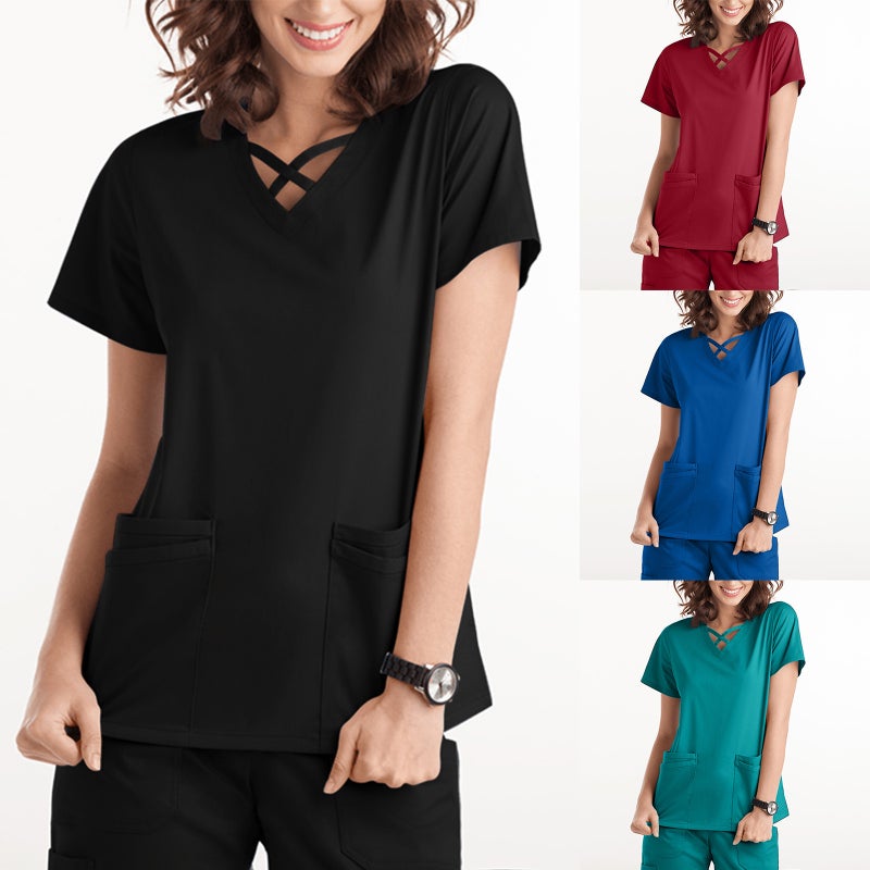 Amazon operating room short-sleeved hand-washing clothes womens top short T work clothes nurse surgeon isolation clothes work clothes C Red  - Image 2
