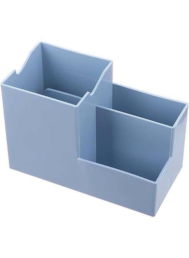 Spaceshoop Pencil Holder, Plastic 3 Slots Square Pen Cup Makeup Brush Desktop Organizer for Office Home (Blue)  - Image 1