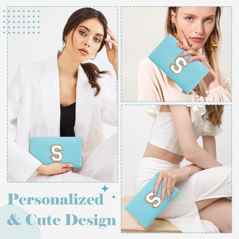 ChaoGreat حقيبة مكياج صغيرة مخصصة من A-Z Preppy Patch Pu Chenille Letter حقيبة مستحضرات التجميل للسفر مع سحاب أزرق لطيف حقيبة أدوات الزينة هدية مثالية للفتيات المراهقات والنساء المعلمات ووصيفات العروس حرف S - Image 4