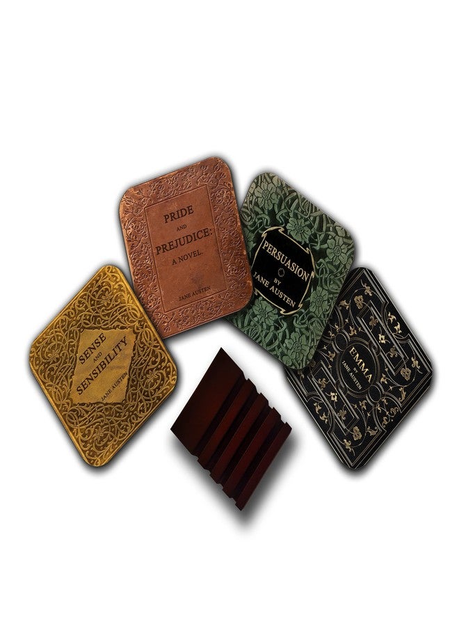 Universal Zone 4 Coasters with Most Popular Novels by Jane Austen. Pride and Prejudice, Emma, Sense and Sensibility and Persuasion. 4 Coasters with Wooden Stand. (Book Title) - Image 1