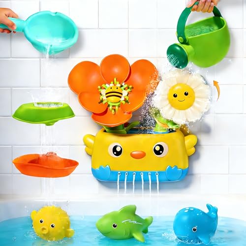 AMCHSURI Baby Bath Toys for Kids Ages 13 Mold Free Bath Toys for Toddler 24 Bathtub Water Toys for Babies 18 Months Watering Can Bath Boats Spoon No Hole Bath Toy with Mesh Bags for Boys Girls Gifts - Image 1