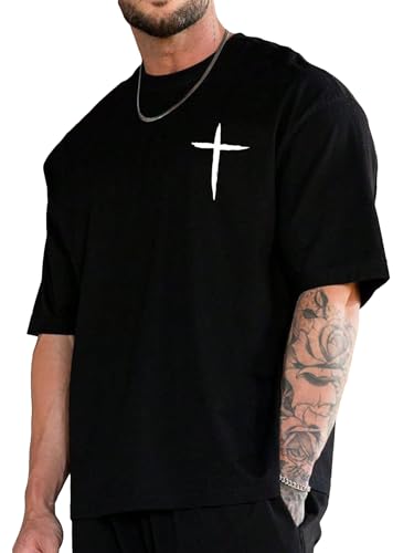 BEAUDRM Mens Plus Size Graphic Print Round Neck Tee Short Sleeve Regular Fit Pullover T Shirt Streetwear Black 3XLarge - Image 1