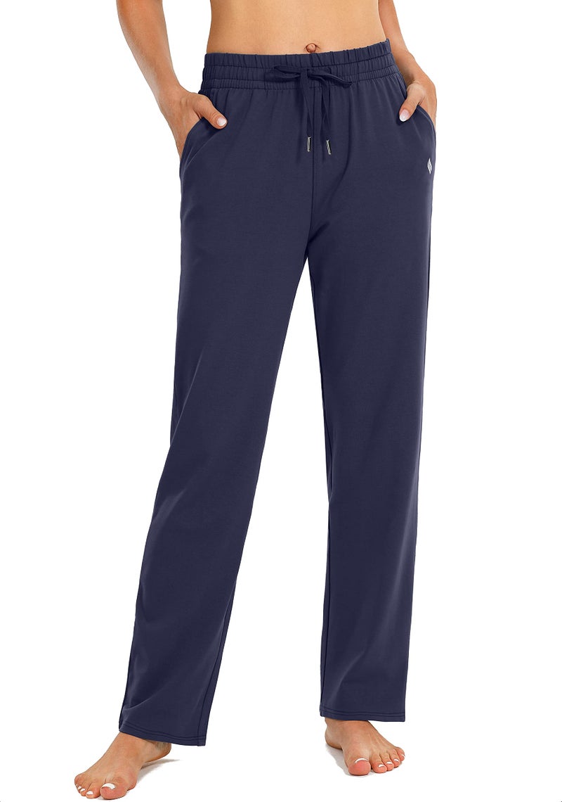 SANTINY Women's Cotton Sweatpants Yoga Lounge Casual Pants Open Bottom Sweat Pants for Women with Pockets (Navy_M) - Image 2
