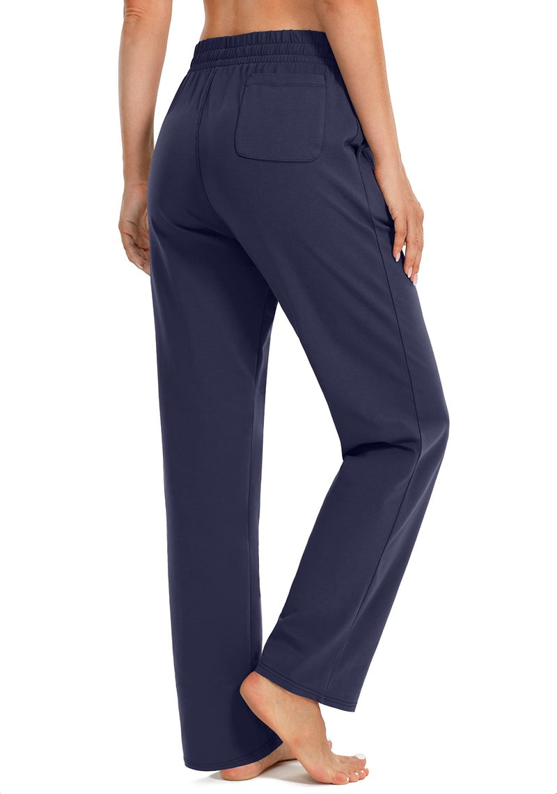 SANTINY Women's Cotton Sweatpants Yoga Lounge Casual Pants Open Bottom Sweat Pants for Women with Pockets (Navy_M) - Image 3