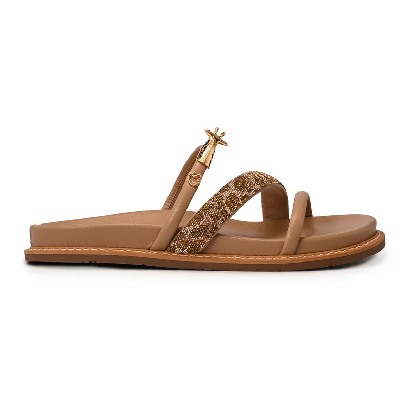 Beige Camel Sandals with Giraffe Crystal and Metal Straps