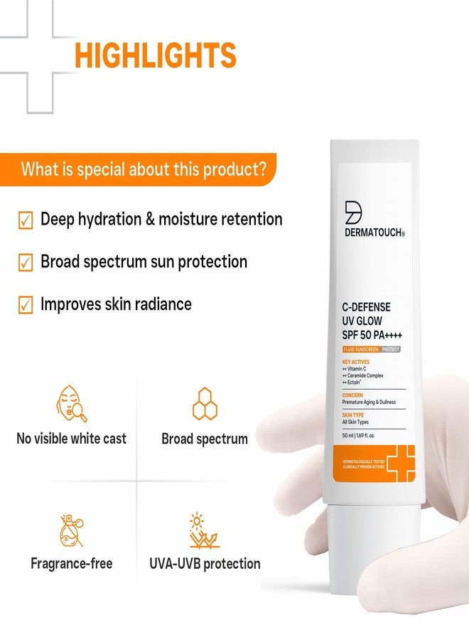 DERMATOUCH C-Defense SPF 50 PA++++ Fluid Sunscreen with Vitamin C & Ceramides | Broad Spectrum | For Premature Aging, Dullness & Sunburn | Zero White Cast | Lightweight Daily Sunscreen | In-Vivo & In-Vitro Tested | 50ml - Image 5