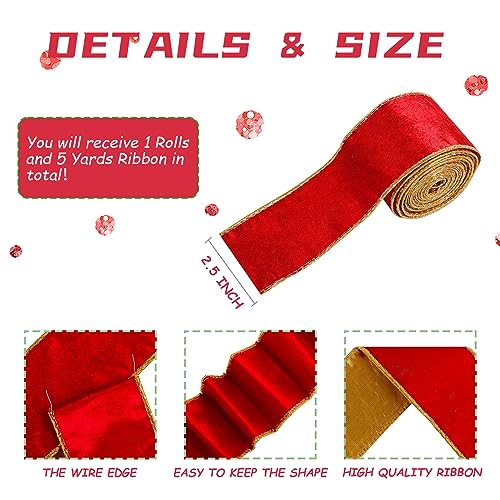 SIMISI RIBBON Red Wide Velvet Ribbon Wired for Christmas Tree, Garland, Wreath, 2.5 Inch 5 Yards - Image 2