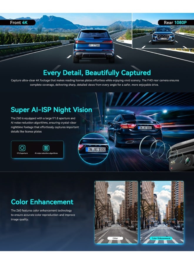 ddpai Dash Cam Car 4K Front and Back, 2160P+1080P Dashcam, up to 15MB/s 5GHz WiFi6 Car Dash Camera, 3" IPS with 32G eMMC, GPS, Night Vision, 24H Parking Monitor, ADAS, G-Sensor Max Support 512G, Z60 - Image 5