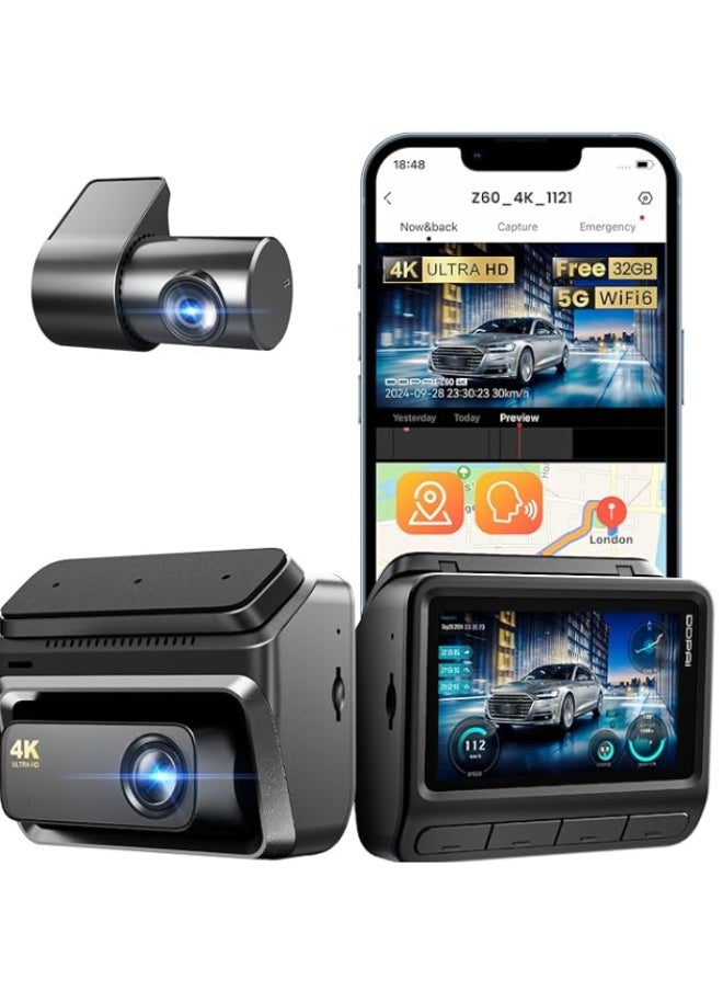 ddpai Dash Cam Car 4K Front and Back, 2160P+1080P Dashcam, up to 15MB/s 5GHz WiFi6 Car Dash Camera, 3" IPS with 32G eMMC, GPS, Night Vision, 24H Parking Monitor, ADAS, G-Sensor Max Support 512G, Z60 