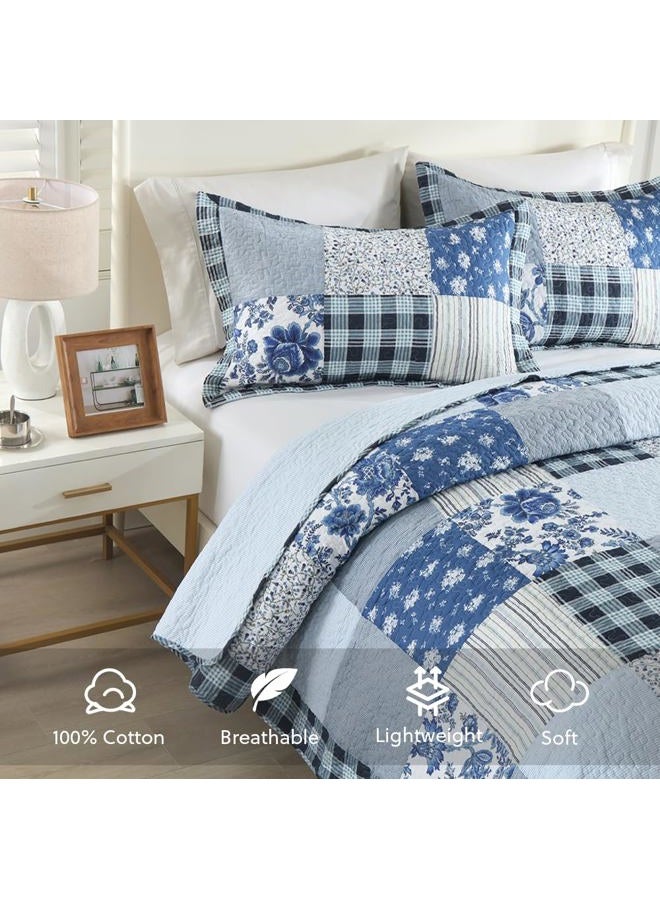 camandy Cotton Bedspread Quilt Bedding Sets 3 Pieces Reversible Coverlet Sets Comforters Rustic Floral Patchwork Blue White Bedspread, Queen Size - Image 2