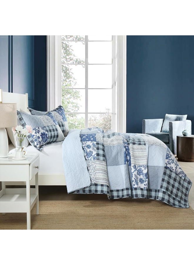 camandy Cotton Bedspread Quilt Bedding Sets 3 Pieces Reversible Coverlet Sets Comforters Rustic Floral Patchwork Blue White Bedspread, Queen Size - Image 3